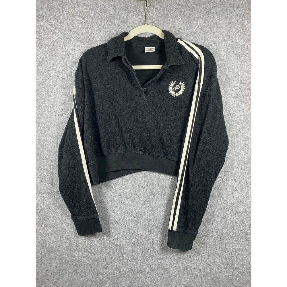 PINK Victoria's Secret‎ Womens Black Fleece Cropped Polo Pullover Sweatshirt M